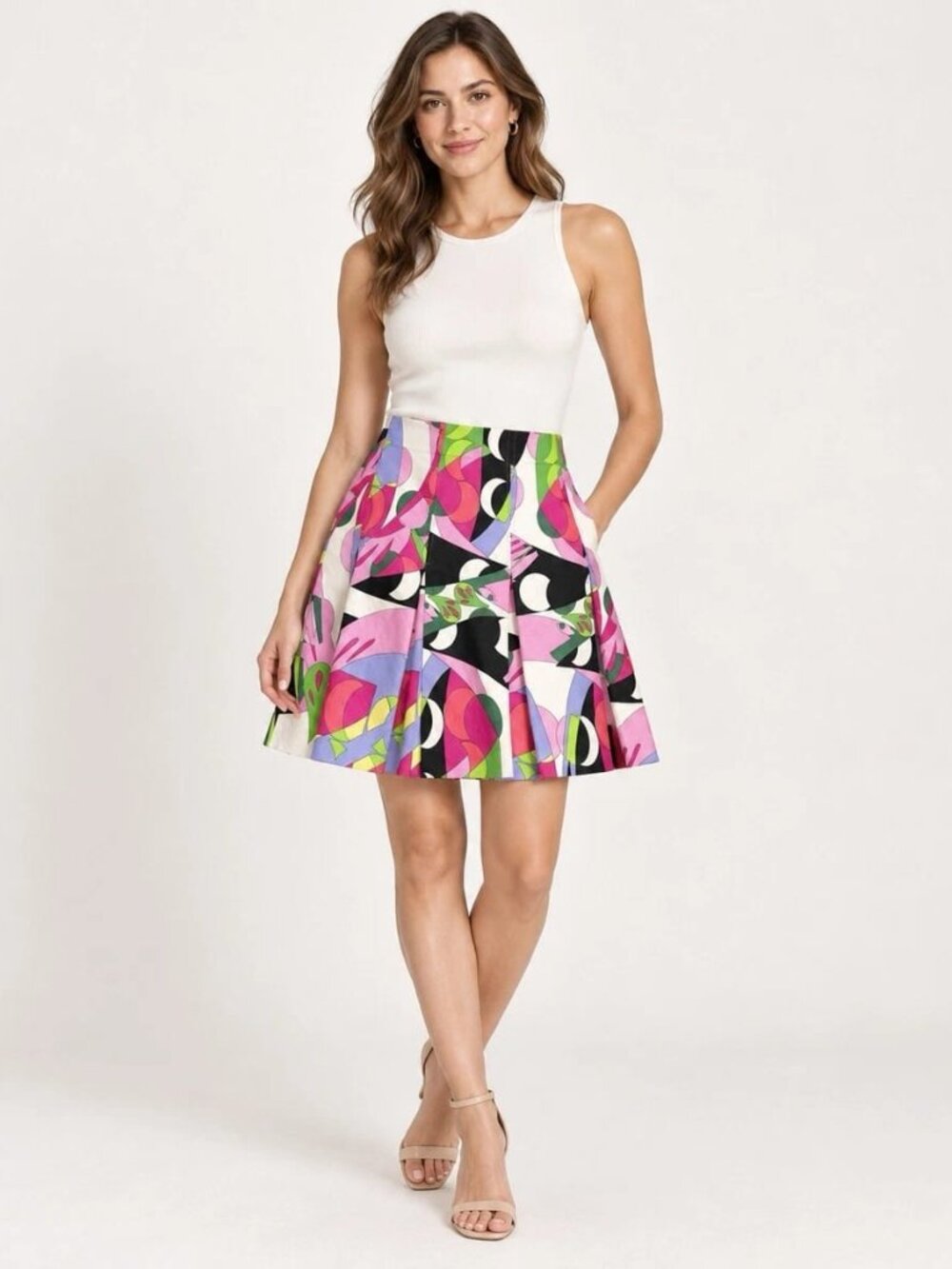 Authentic Emilio Pucci Multicolor Abstract Print Pleated A-Line Mini Skirt, Sz 6